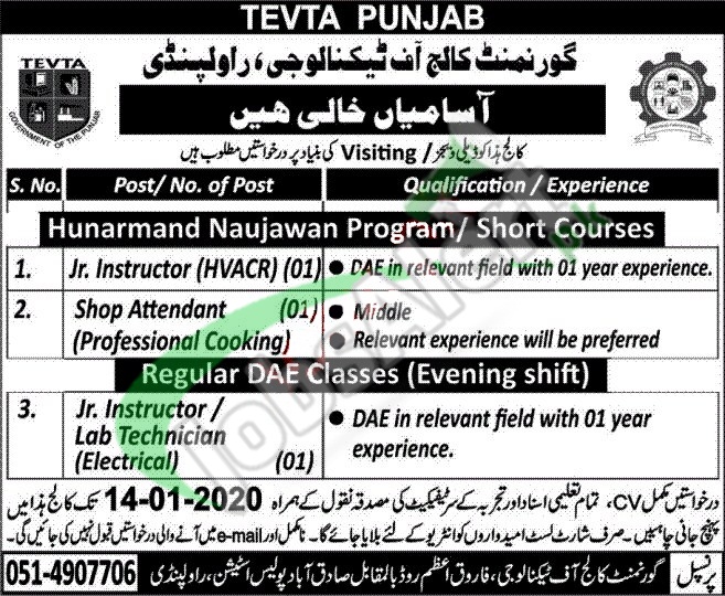 Government College of Technology Rawalpindi Job Opportunities