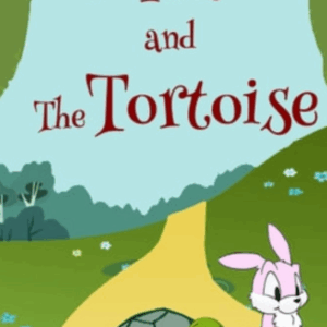 Illustration of the hare napping under a tree while the tortoise slowly walks past him toward the finish line in a sunny meadow.