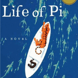 Book cover of Life of Pi by Yann Martel, featuring a small lifeboat drifting on a vast ocean with a boy and a Bengal tiger, symbolizing survival, faith, and the power of storytelling.